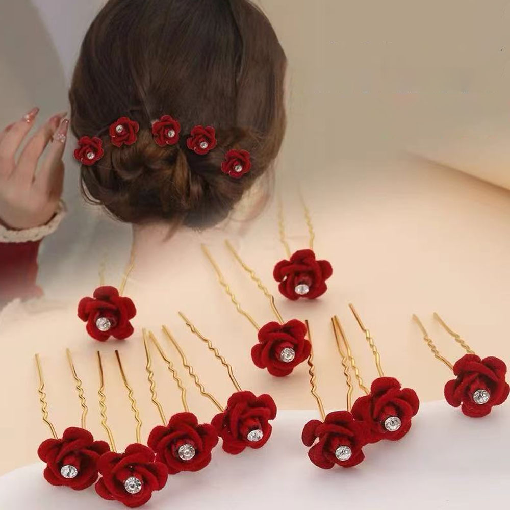 Event Suppliers - 10 ชิ้น Rose อุปกรณ์เสริมผมงานแต่งงานเจ้าสาว Hairpins คลิปผมดอกไม้สีแดงกํามะหยี่คลิปสําหรับผู้หญิง