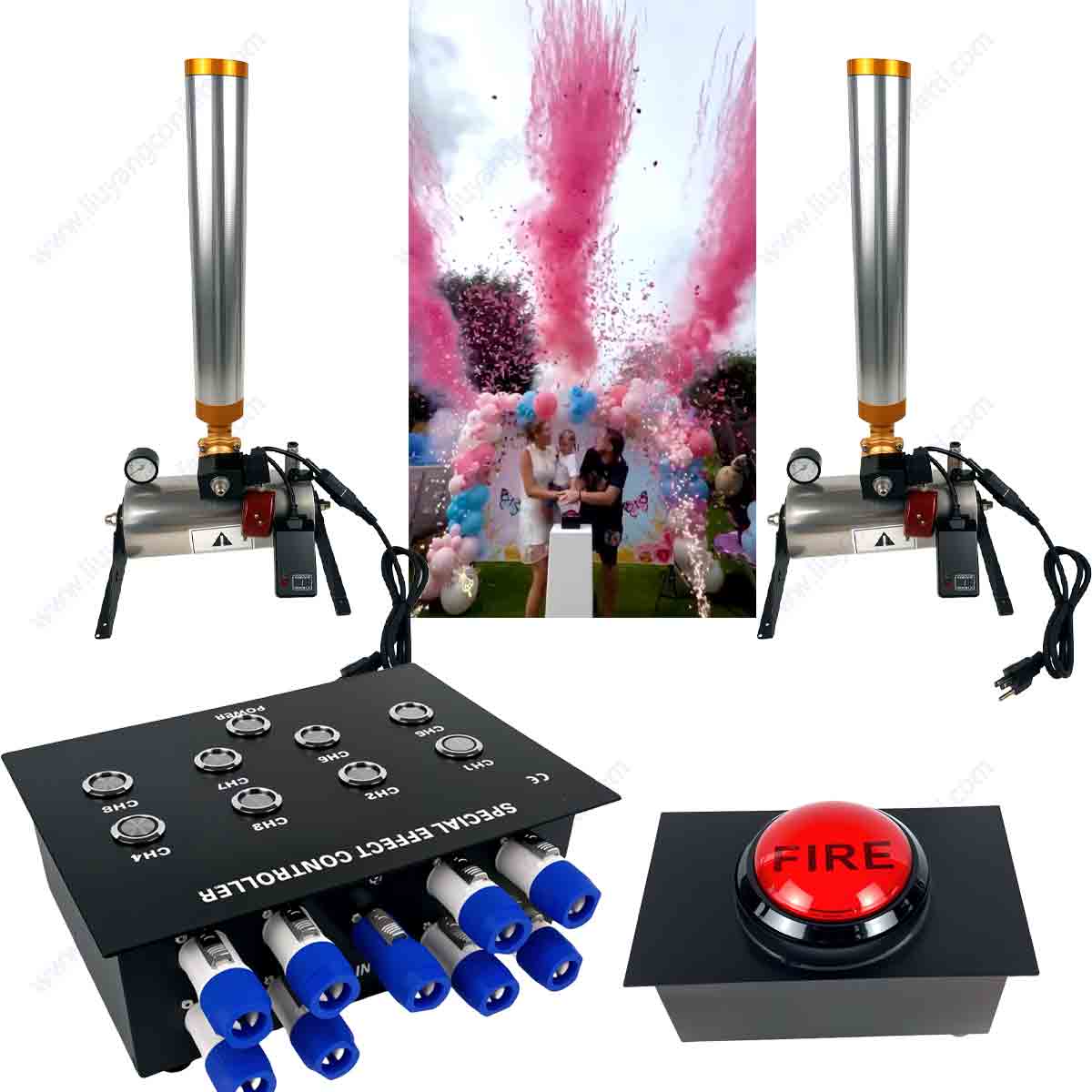 Confetti Cannon Tube - ตัวควบคุมการเชื่อมต่อไฟฟ้า 8 ทางสำหรับเครื่องพ่นควันเปิดเผยเพศ พร้อมปุ่มกดและอุปกรณ์ควบคุมเอฟเฟกต์สำหรับเครื่องมือบนเวที
