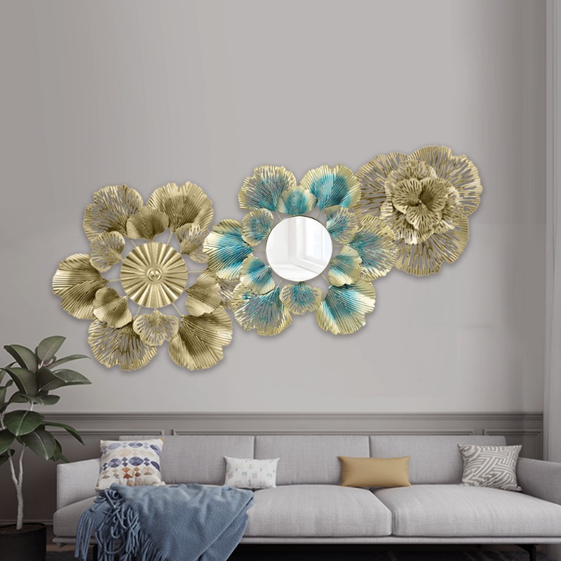 Flower Wall Panel - กระจกตกแต่งผนังสไตล์นอร์ดิกหรูหรา ลายใบไม้สีทองและดอกแอปริคอต ติดผนัง งานศิลปะเหล็ก สำหรับตกแต่งทางเข้าบ้าน