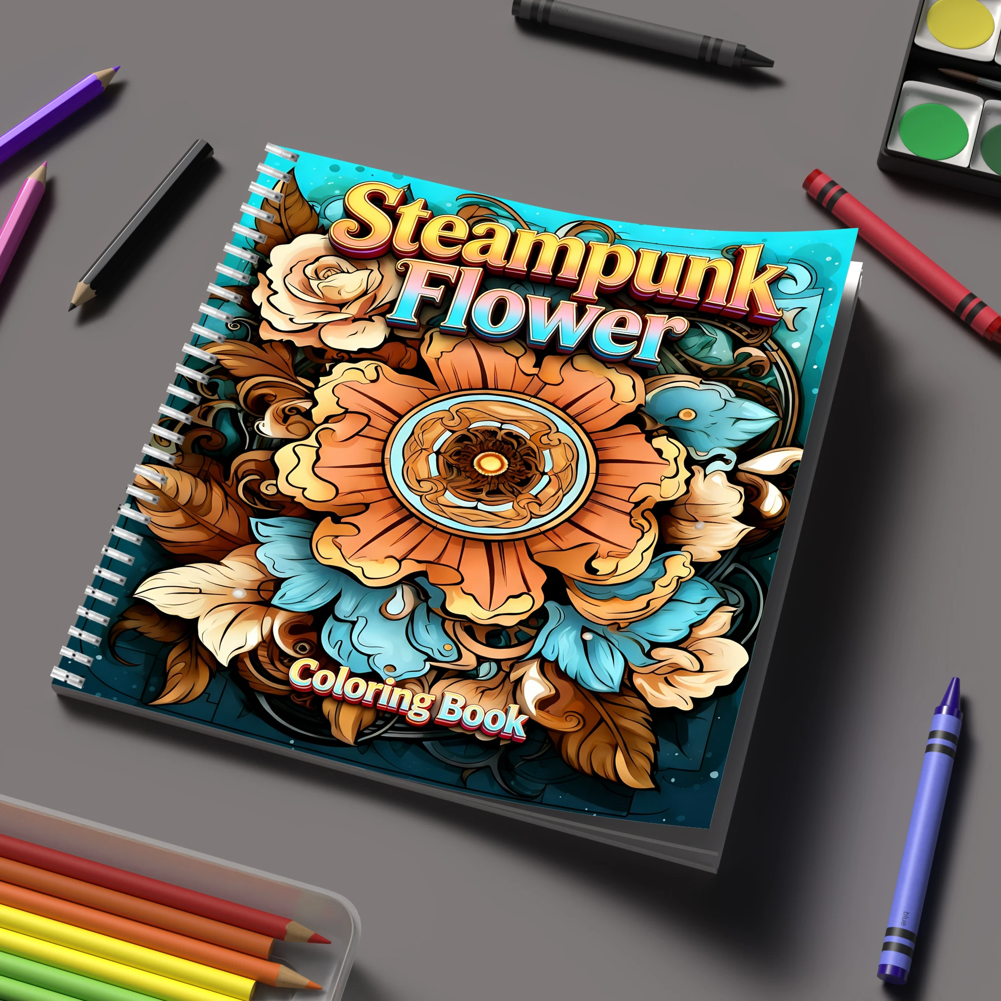 Supply Event - สมุดระบายสีดอกไม้สไตล์สตีมพังก์สำหรับสมุดระบายสีสำหรับผู้ใหญ่, ของขวัญวันเกิด, อุปกรณ์กลับไปโรงเรียน, สมุดวาดภาพน่ารักสำหรับผู้ใหญ่
